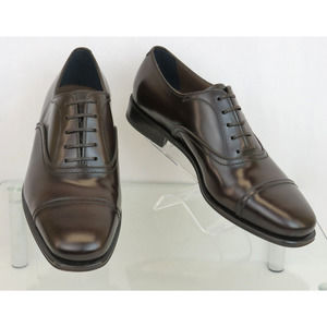 NIB FERRAGAMO SEUL DARK BROWN POLISHED LEATHER CAP TOE LOGO OXFORDS 11 D